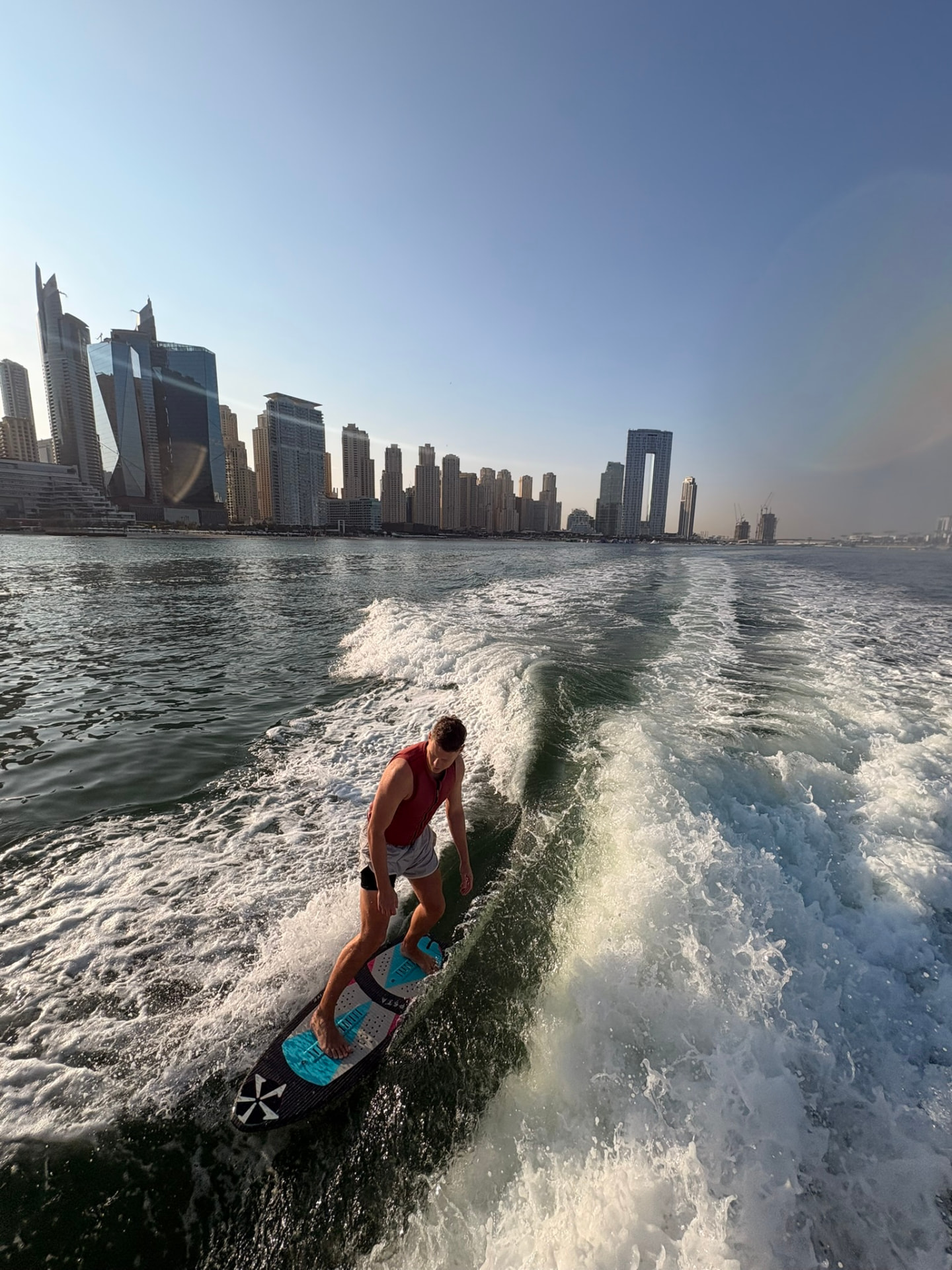 Fabian Küster wakesurfing in front of Dubai Marina