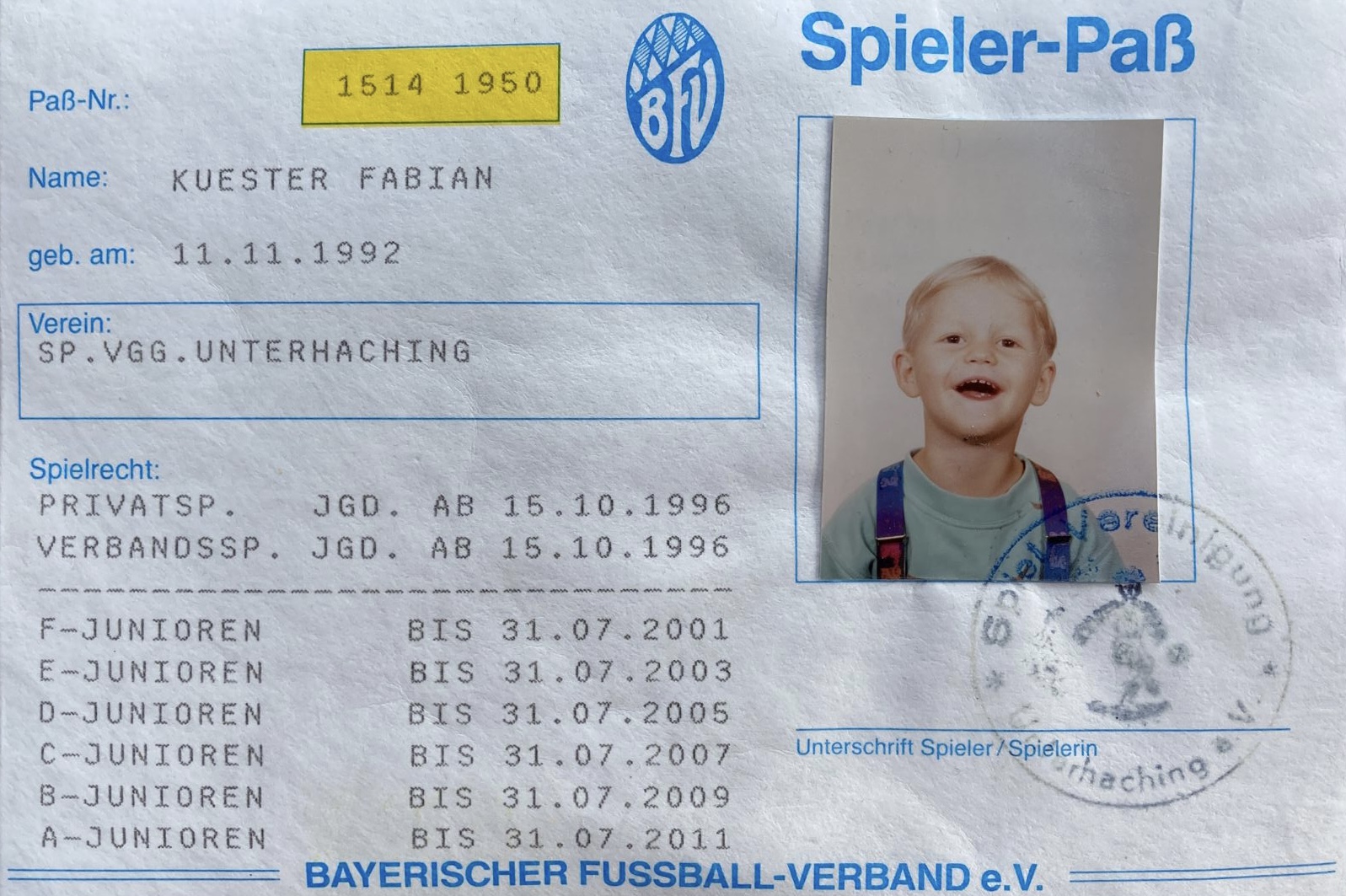 Old Bavarian Football Association player pass of Fabian Küster
